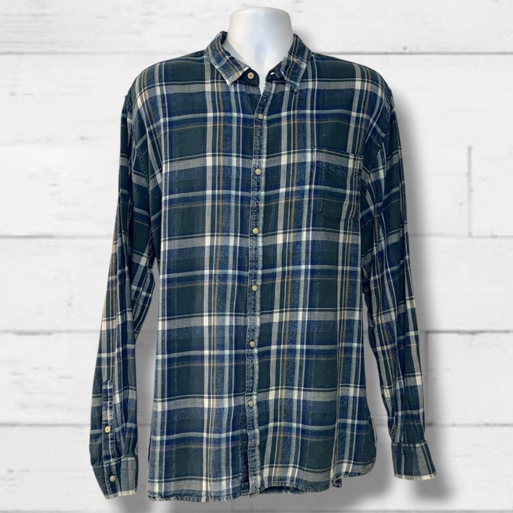 Lucky Brand Pearl Snap Plaid Shirt XXL Blue Green Classic Fit Western